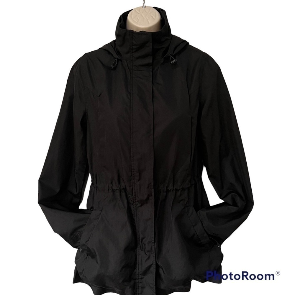 A New Day black mid length zipper snap hoodie windbreaker pockets cinch waist XS